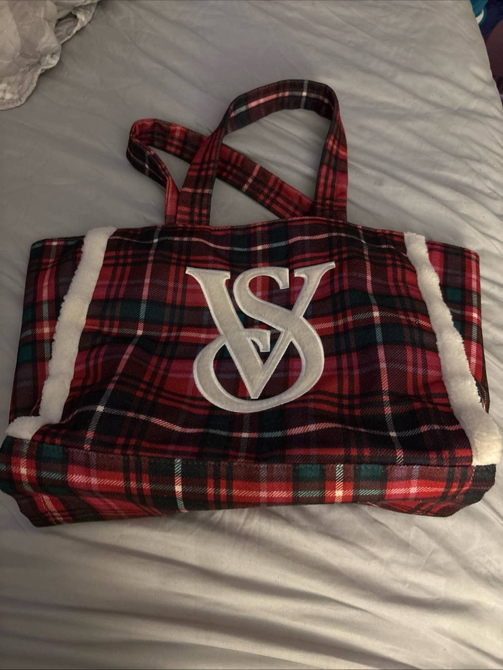 Victoria's Secret Red Plaid Tote with White Shearling Trim